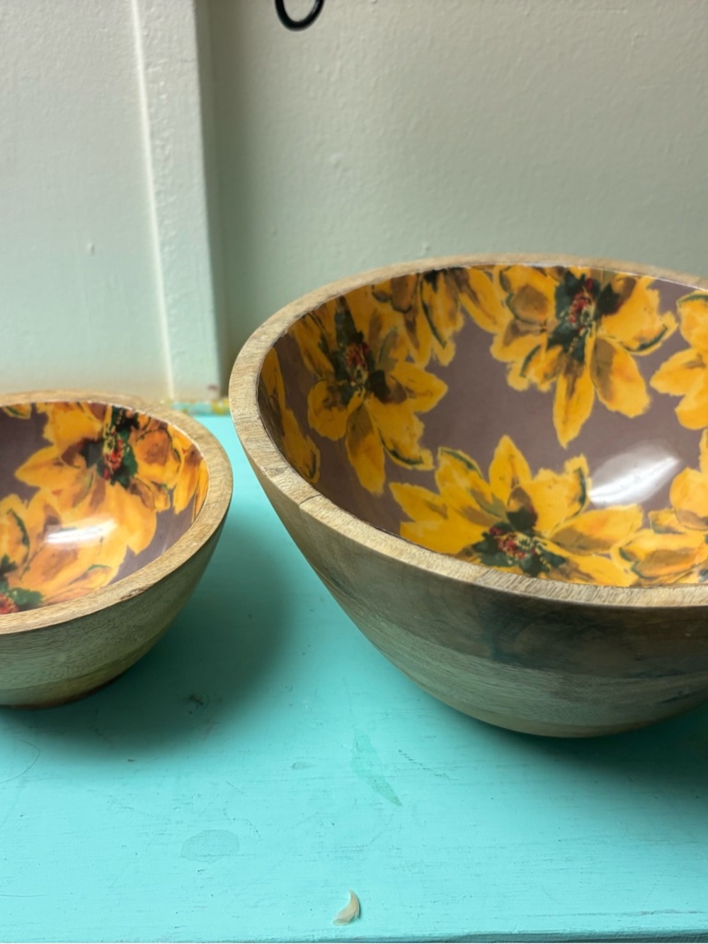 Mango Wood Serving Bowls with Yellow Floral Interior - Set of 2